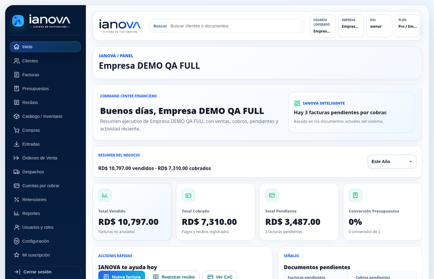 Sistema de facturación IANOVA en pantalla